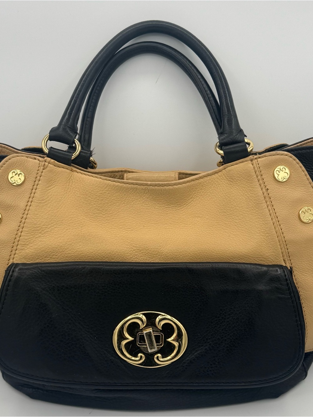 Emma Fox Two-Tone Black and Tan 100% Soft Pebbled Leather Satchel Tote Handbag
